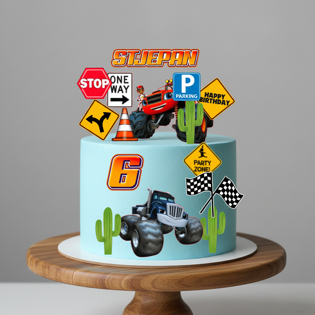Personalizirani Blaze cars set topera za tortu s monster truckom, imenom i prometnim znakovima