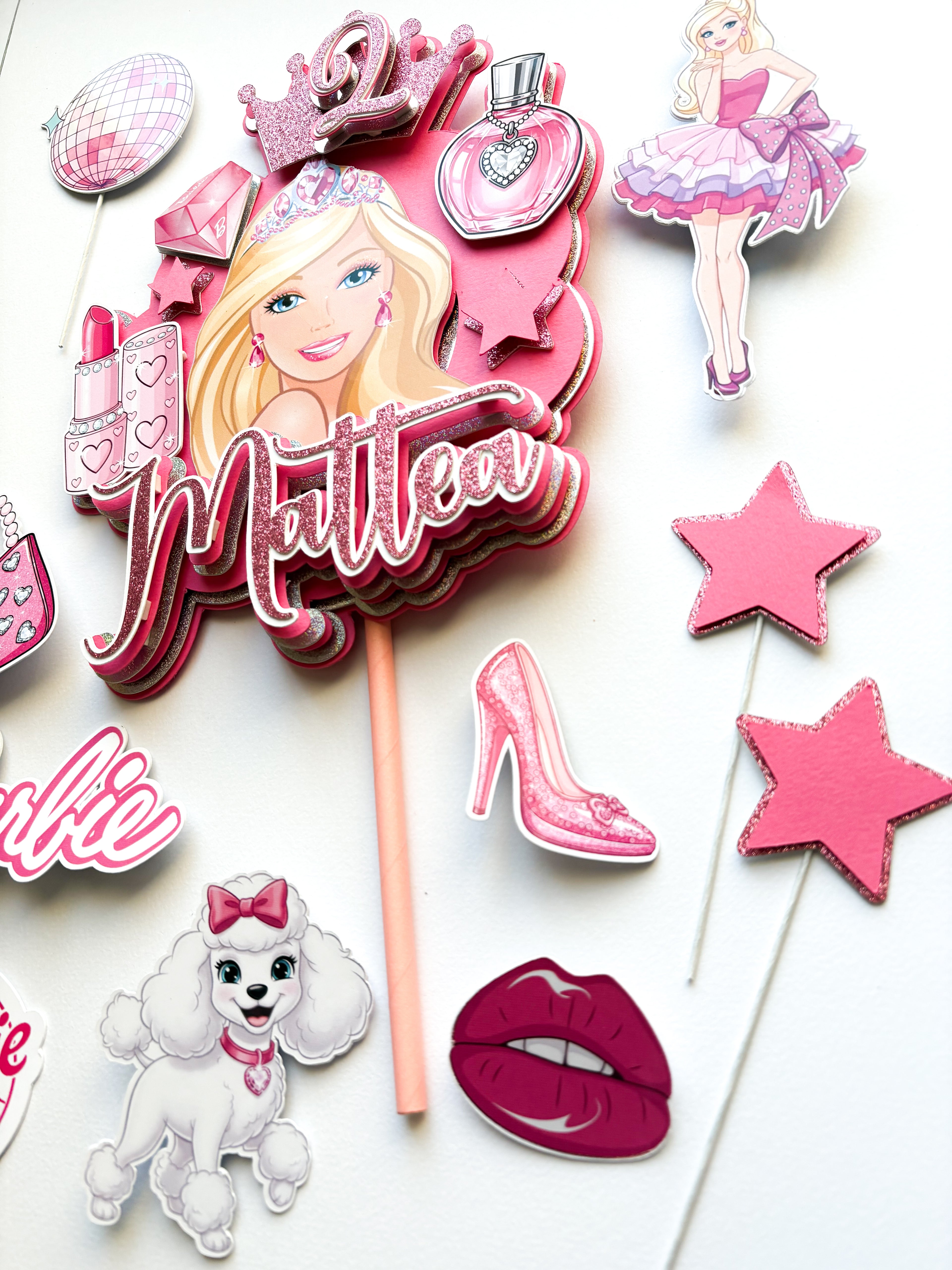 Personalizirani set topera za tortu s imenom i brojem – Barbie (3D višeslojni)