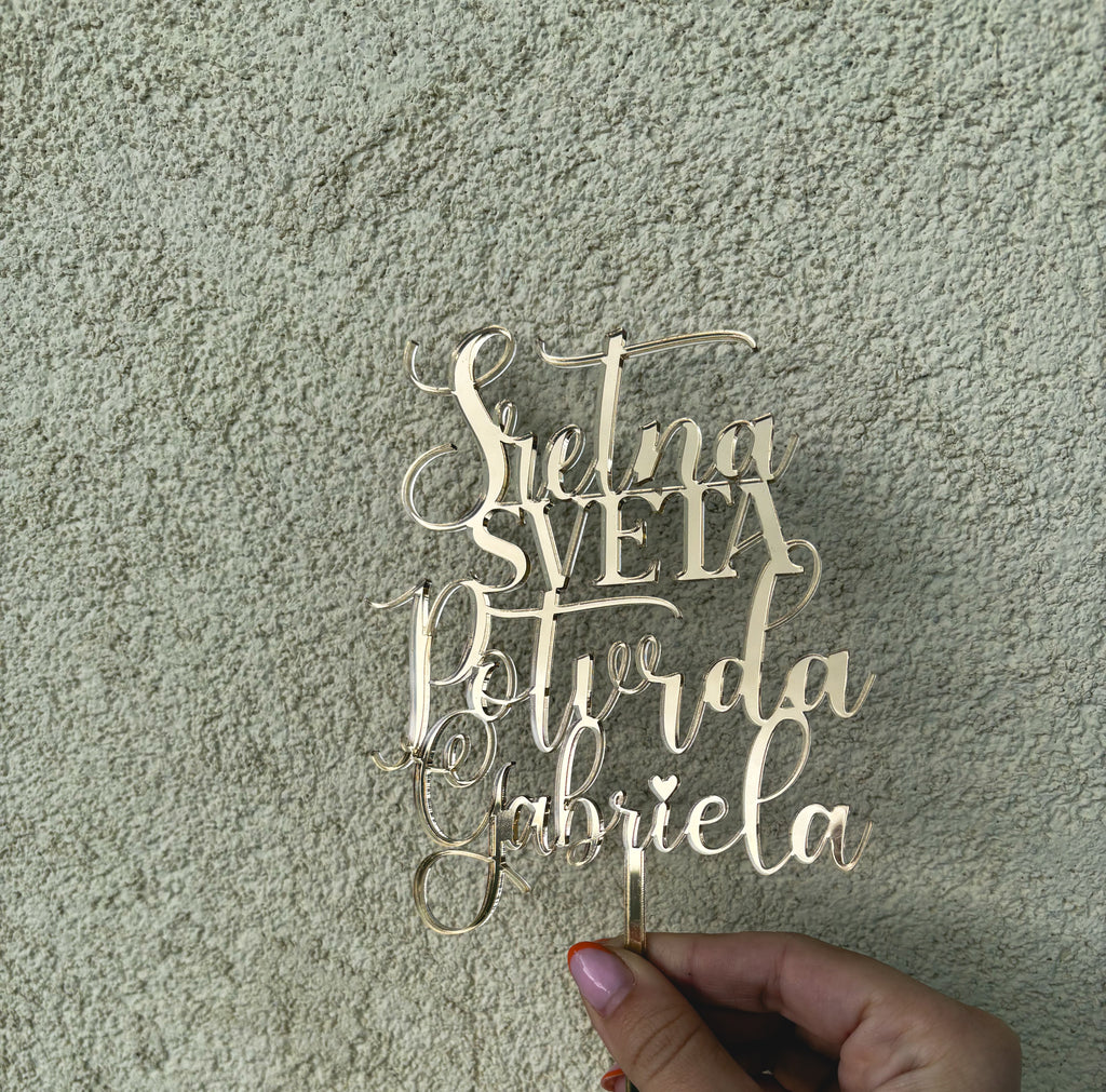 Personalizirani pleksiglas toper za tortu – Sretna sveta potvrda s imenom