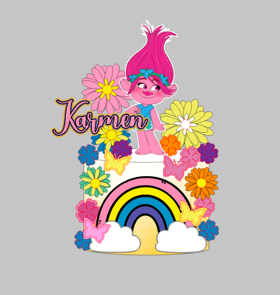 Trolls Toperi za Tortu – Personalizirani Set s 3D Cvijećem i Imenom