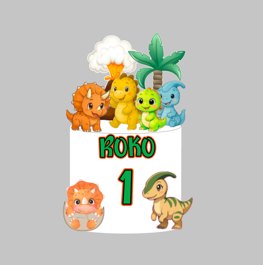 Šareni dinosauri toper za tortu s imenom Roko i brojem 1, vulkan i palma – set 3