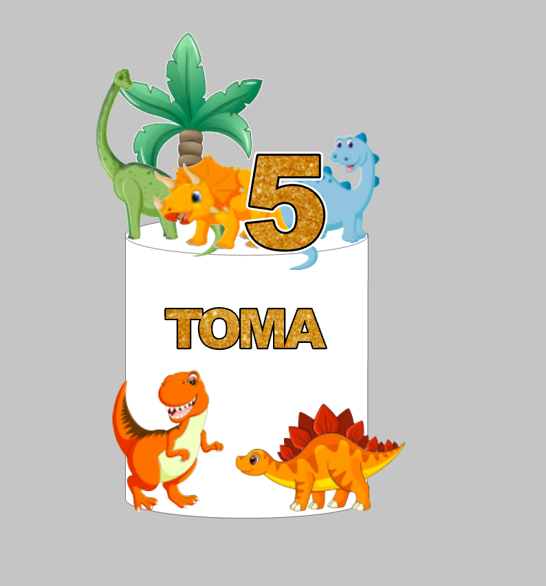 Šareni dinosauri toper za tortu s imenom Toma i brojem 5, T-rex i stegosaurus – set 4