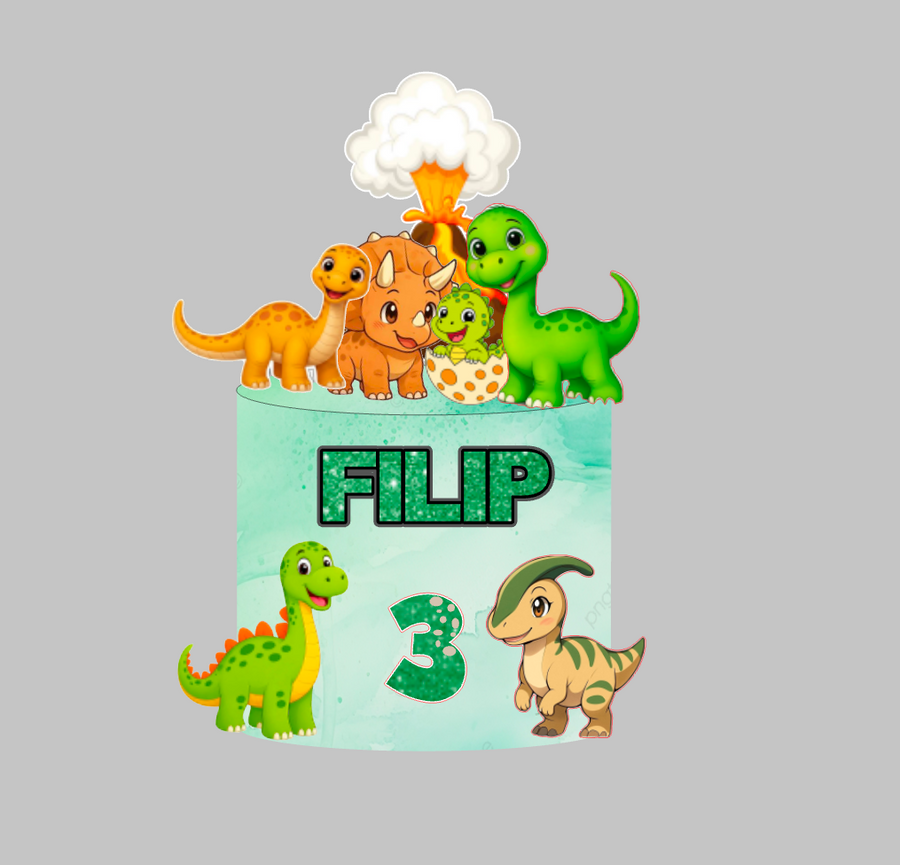 Šareni dinosauri toper za tortu s imenom Filip i brojem 3, zeleni i narančasti dinosauri – set 5