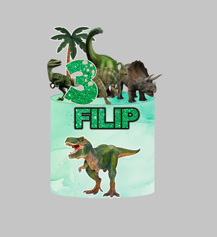 Dinosaur toper za tortu s imenom Filip i brojem 3, T-rex, triceratops i raptor uz palmu – set 2