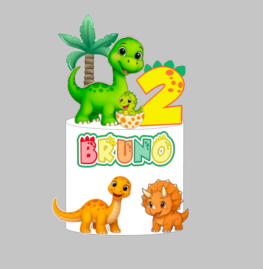 Šareni dinosauri toper za tortu s imenom Bruno i brojem 2, zeleni dinosaur uz palmu – set 2