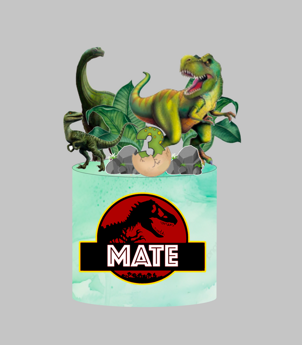 Dinosaur set topera za tortu s imenom Mate i brojem 3, T-rex i raptori uz crveni dino logo – set 1