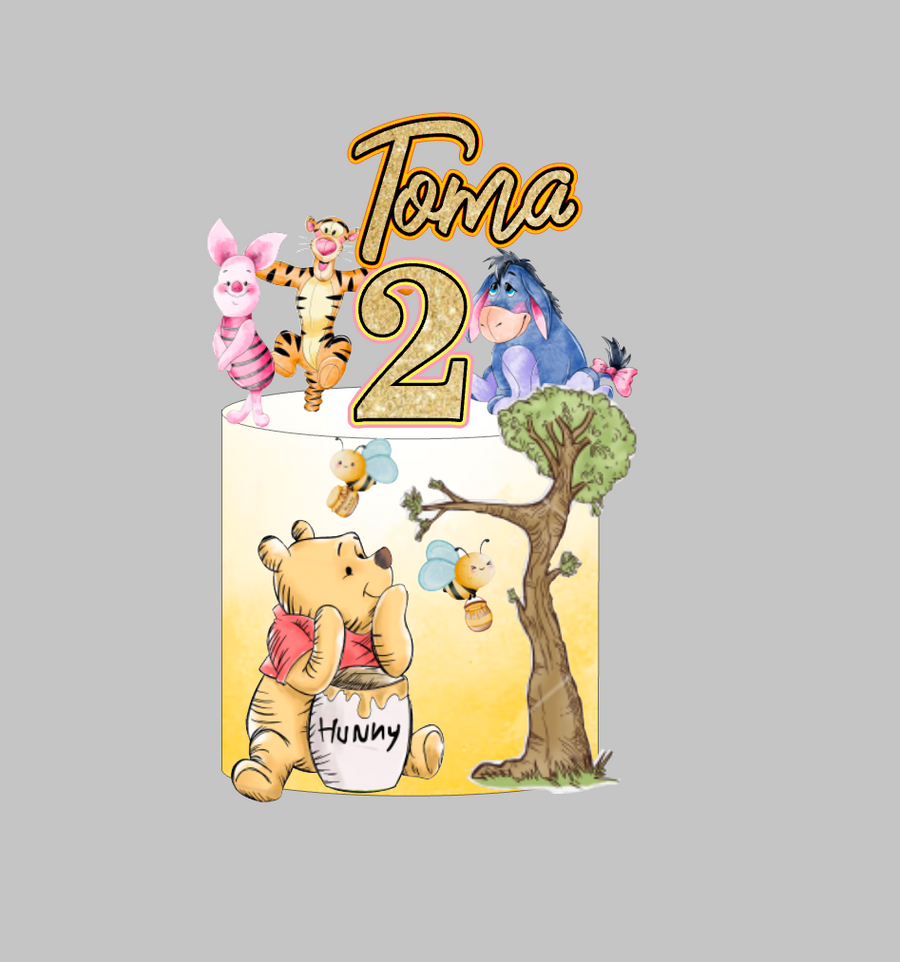 Winnie the Pooh set topera za tortu s imenom Toma i brojem 2, Pooh, Piglet, Tigger i Eeyore – set 1