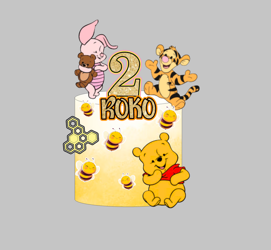 Winnie the Pooh toper za tortu s imenom Roko i brojem 2, Pooh, Piglet i Tigger uz pčelice i saće – set 2