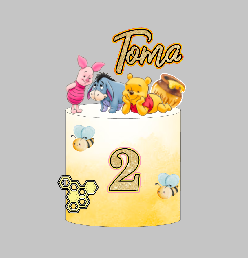 Winnie the Pooh toper za tortu s imenom Toma i brojem 2, Pooh, Piglet, Eeyore i lonac meda – set 3