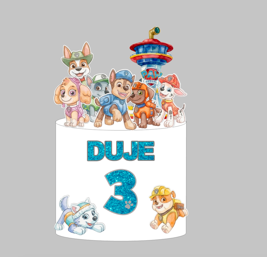 Paw Patrol toper za tortu s imenom Duje i brojem 3, Lookout toranj i psi Paw Patrola – set 8