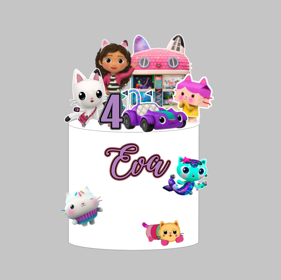 Gabby's Dollhouse toper za tortu s imenom Eva i brojem 4, Gabby, mačke i ljubičasti auto – set 3