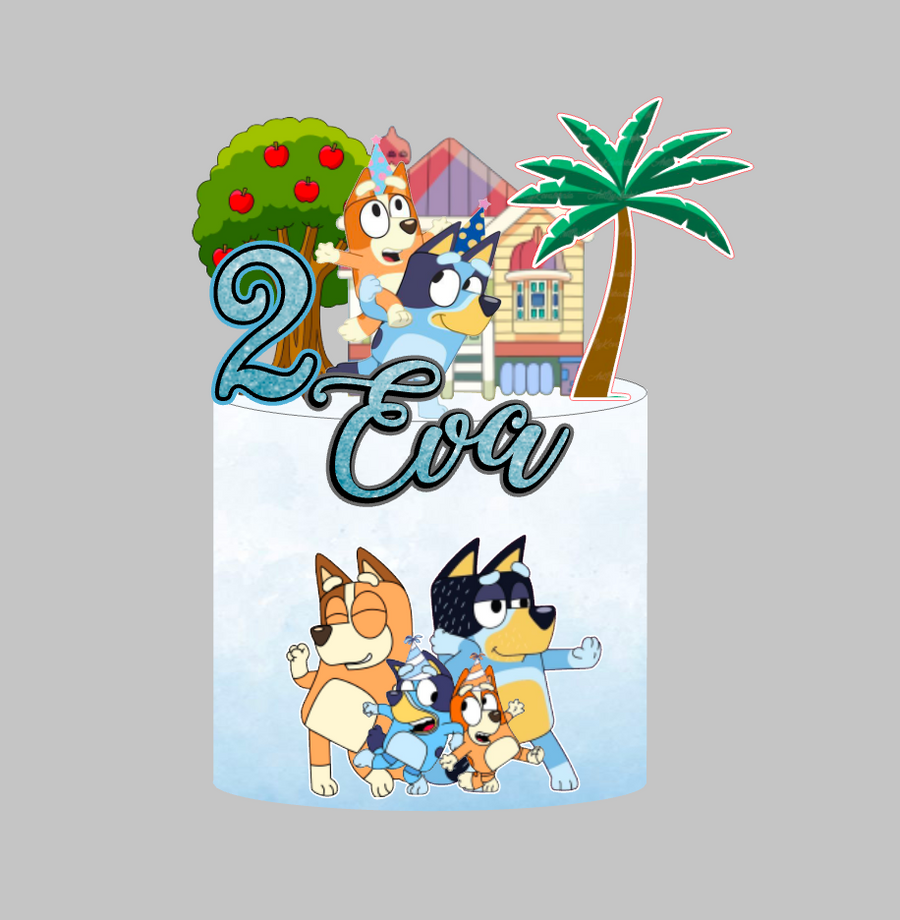 Bluey toper za tortu s imenom Eva i brojem 2, Bluey i Bingo uz kuću, jabuku i palmu – set 2