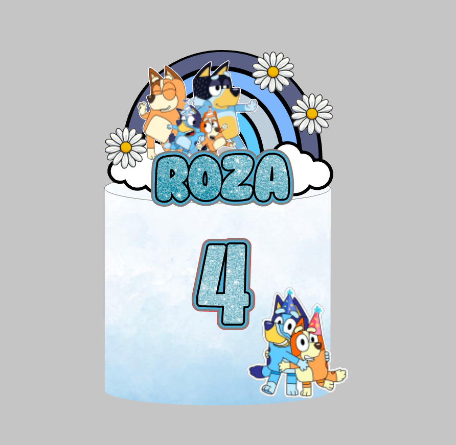 Bluey toper za tortu s imenom Roza i brojem 4, obitelj Heeler, duga i tratinčice – set 3