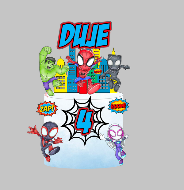 Spidey i prijatelji set topera za tortu s imenom Duje i brojem 4, Spidey, Hulk, Black Panther, Miles i Ghost-Spider – set 1