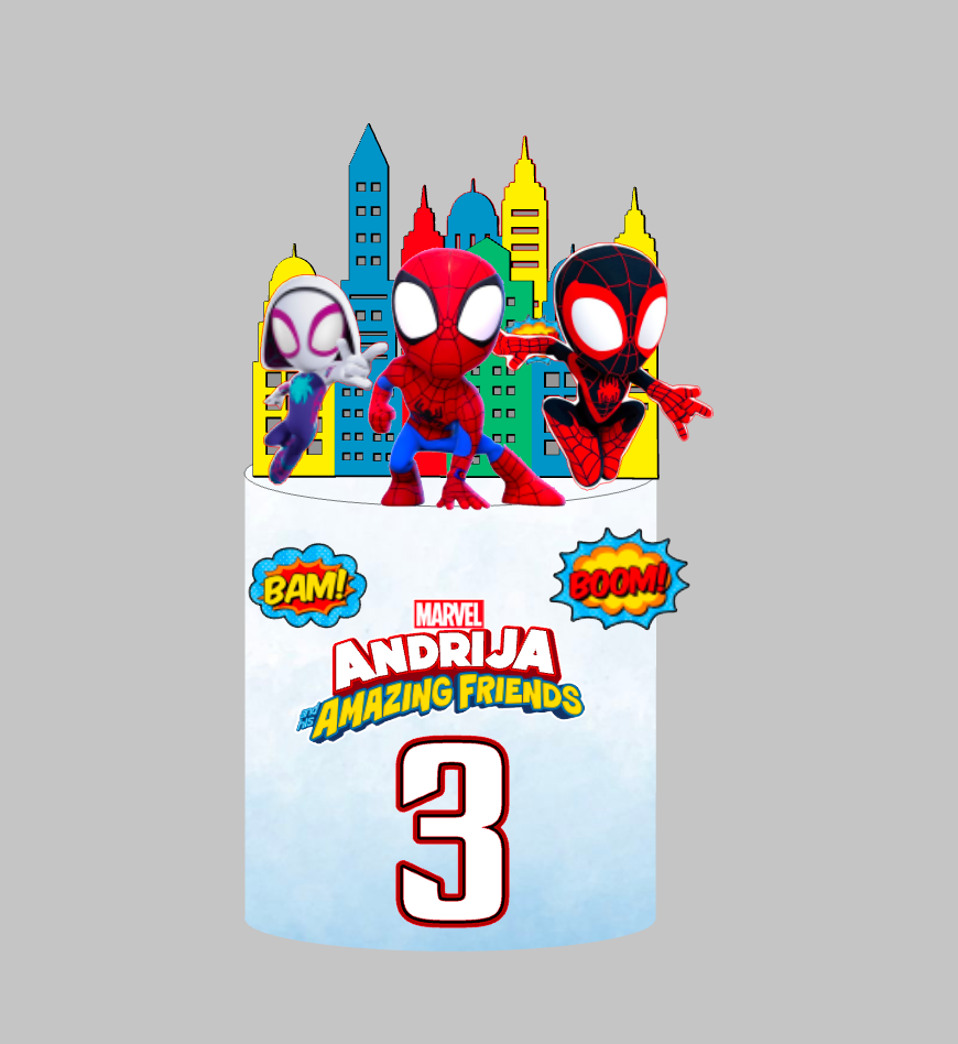 Spidey i prijatelji toper za tortu s imenom Andrija i brojem 3, Spidey, Ghost-Spider i Miles uz gradski horizont – set 2