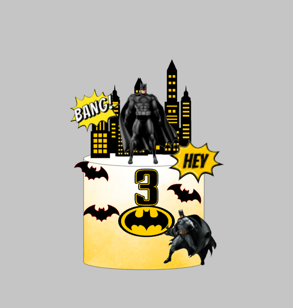 Batman set topera za tortu s brojem 3, Batman uz gradsku siluetu, šišmiše i Batman logo – set 1