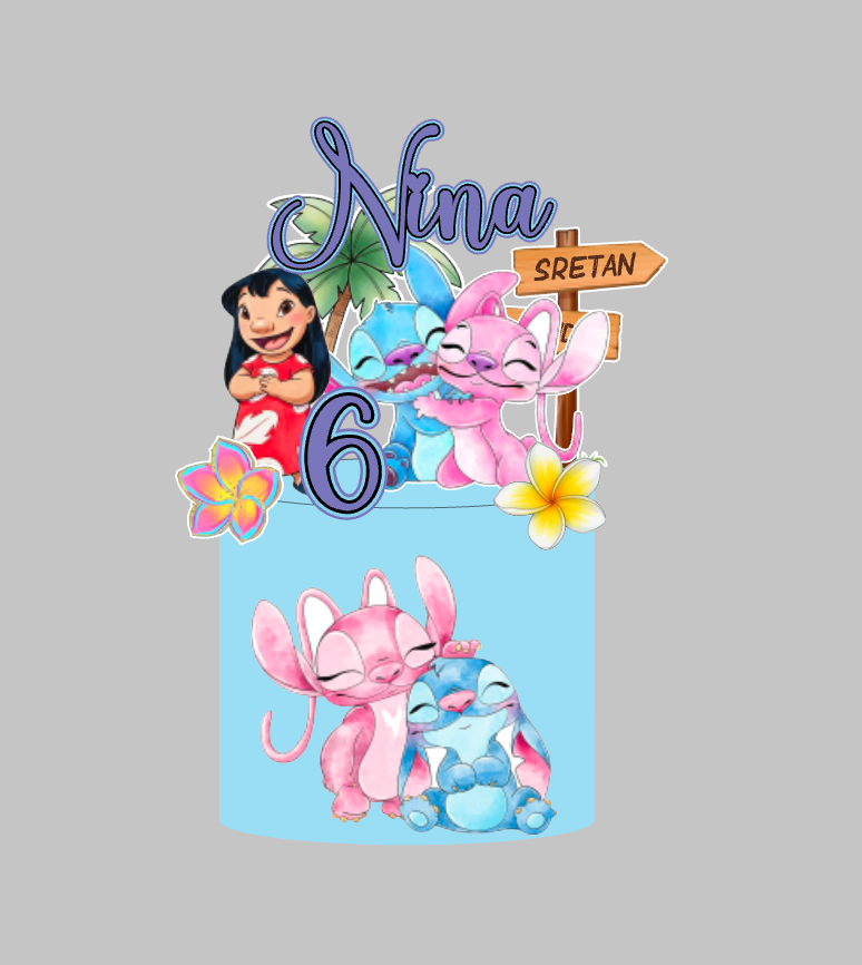 Stitch toper za tortu s imenom Nina i brojem 6, Lilo, Stitch i Angel uz palmu i drveni natpis – set 2