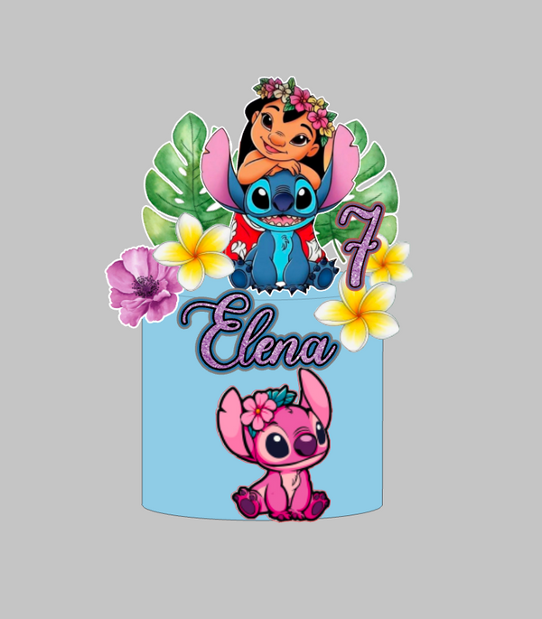 Stitch set topera za tortu s imenom Elena i brojem 7, Lilo, Stitch, Angel i havajsko cvijeće – set 1