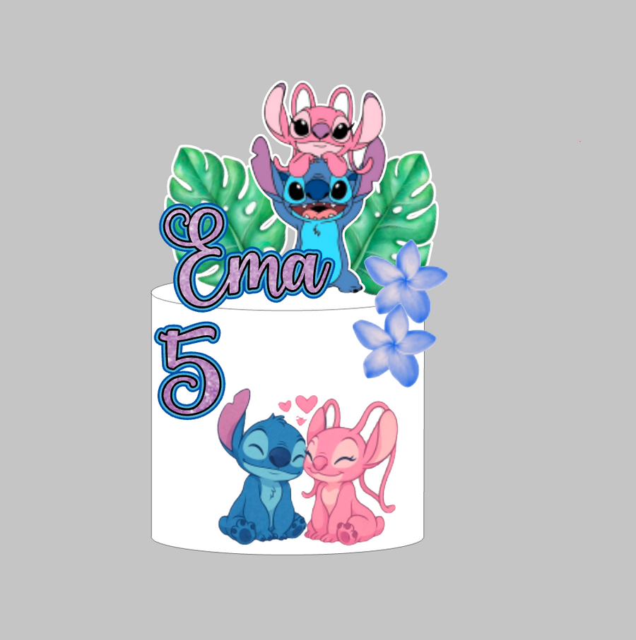 Stitch toper za tortu s imenom Ema i brojem 5, Stitch i Angel uz tropsko lišće – set 3