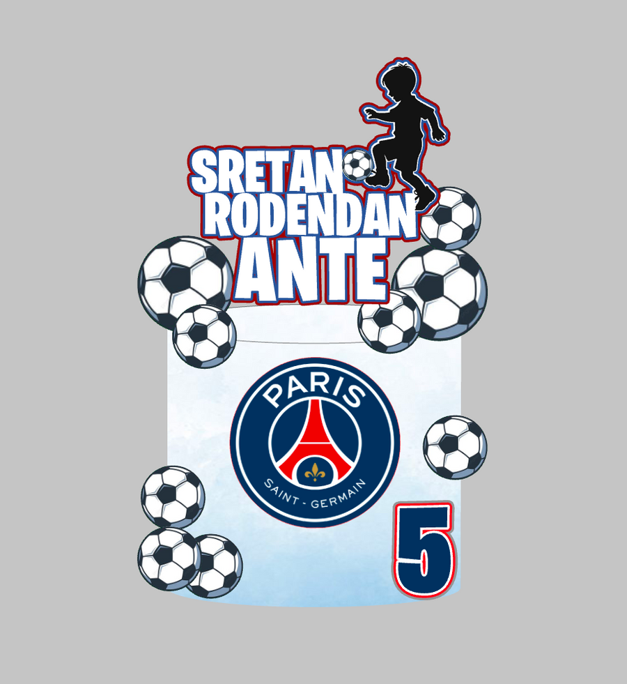 Nogometni toper za tortu s imenom Ante, brojem 5 i grbom Paris Saint-Germain uz nogometne lopte