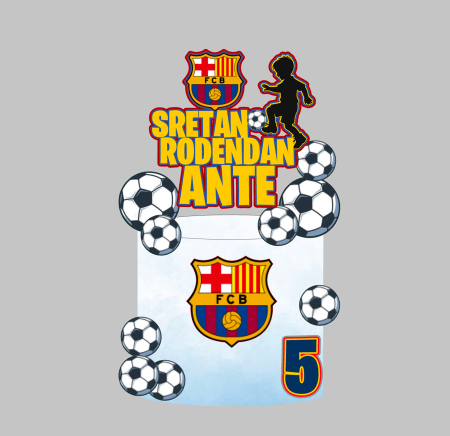 Nogometni set topera za tortu s imenom Ante, brojem 5 i grbom FC Barcelona uz nogometne lopte