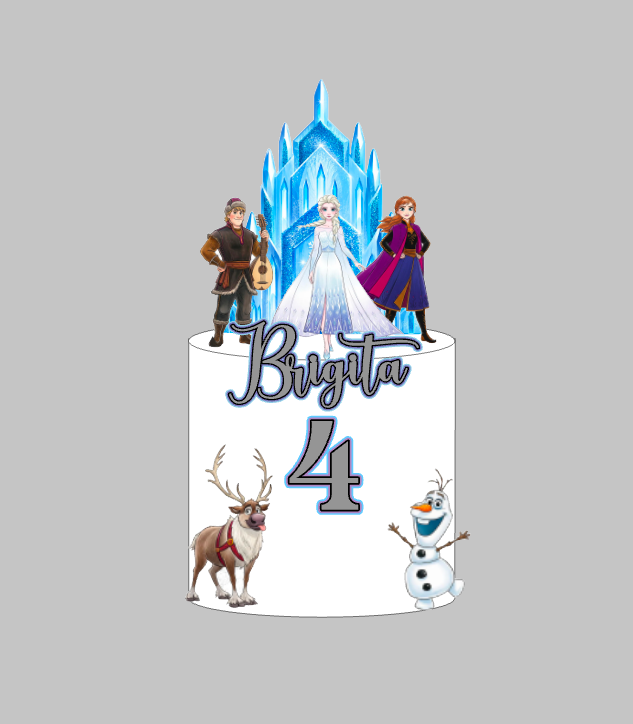 Frozen toper za tortu s imenom Brigita i brojem 4, Elsa, Anna, Kristoff, Olaf i Sven – set 2