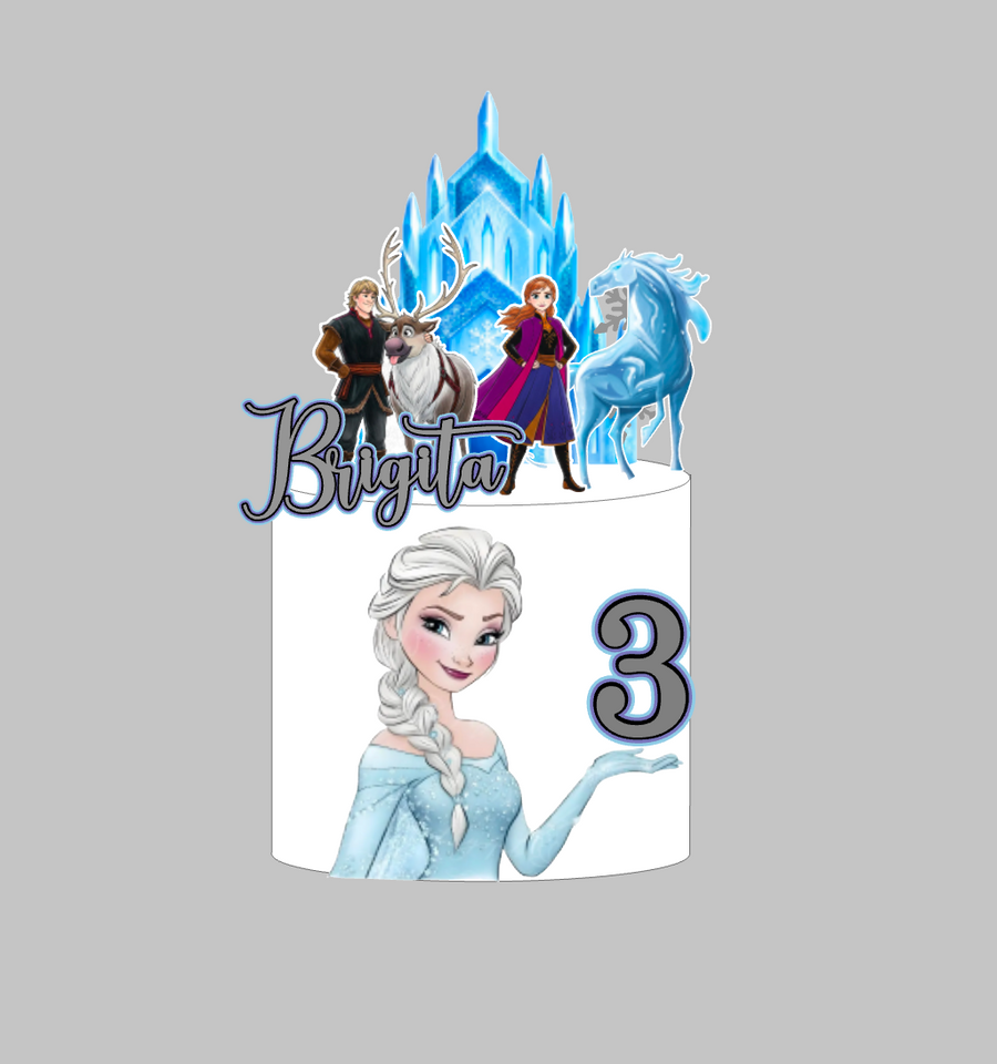 Frozen set topera za tortu s imenom Brigita i brojem 3, Elsa, Anna, Kristoff, Sven i ledena palača – set 1