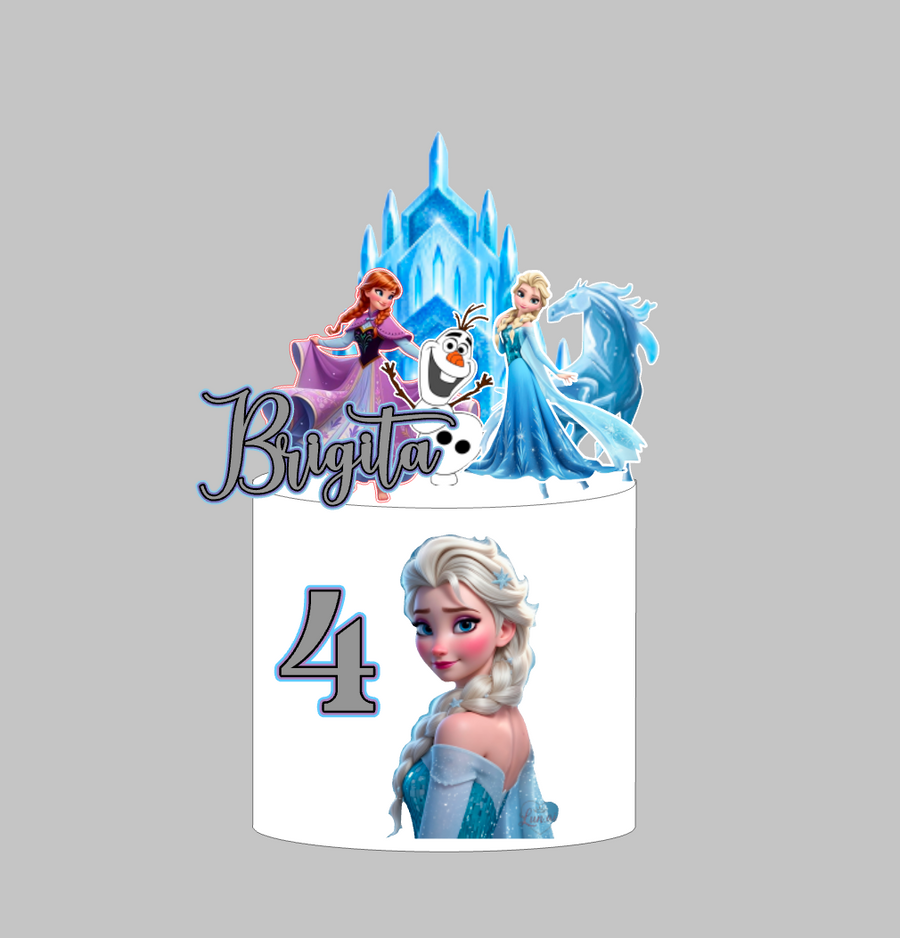 Frozen toper za tortu s imenom Brigita i brojem 4, Elsa, Anna, Olaf i ledeni konj – set 3