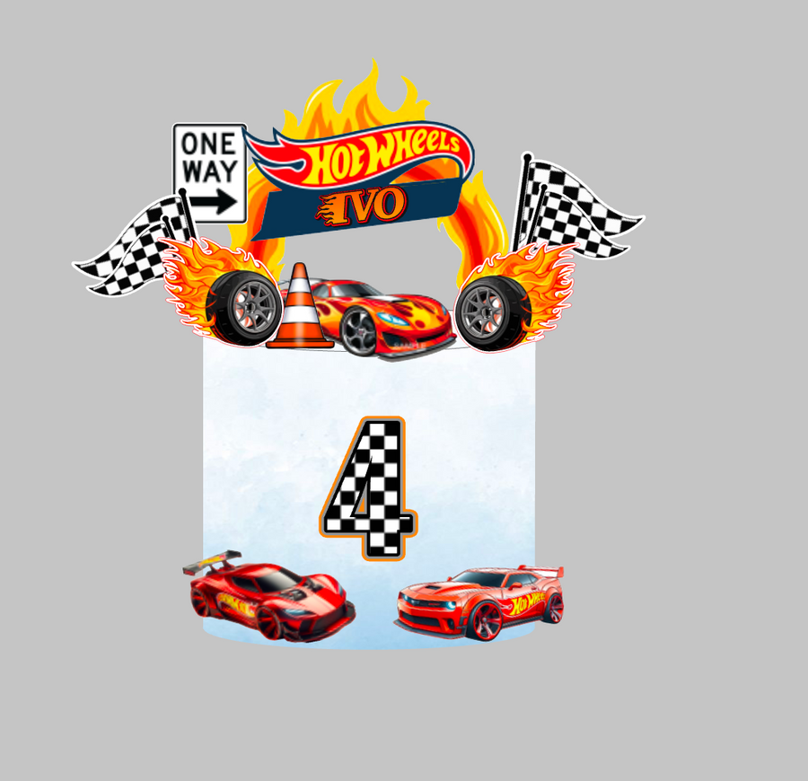 Hot Wheels set topera za tortu: papirnati toper s imenom i brojem 4, vatreni logo, trkaći auti, karirane zastave i kotači u plamenu