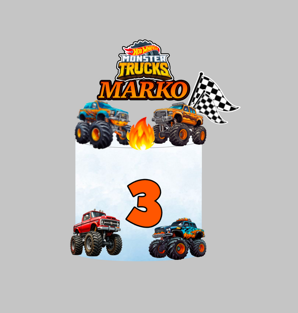 Hot Wheels Monster Trucks set topera za tortu s imenom Marko i brojem 3, monster kamioni, plamen i karirana zastava
