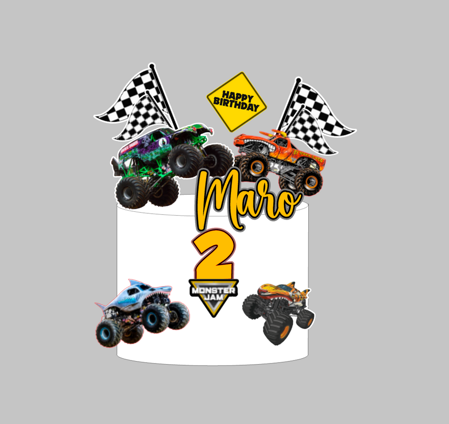 Monster Jam set topera za tortu s imenom Maro i brojem 2, Grave Digger, El Toro Loco i Megalodon uz karirane zastave