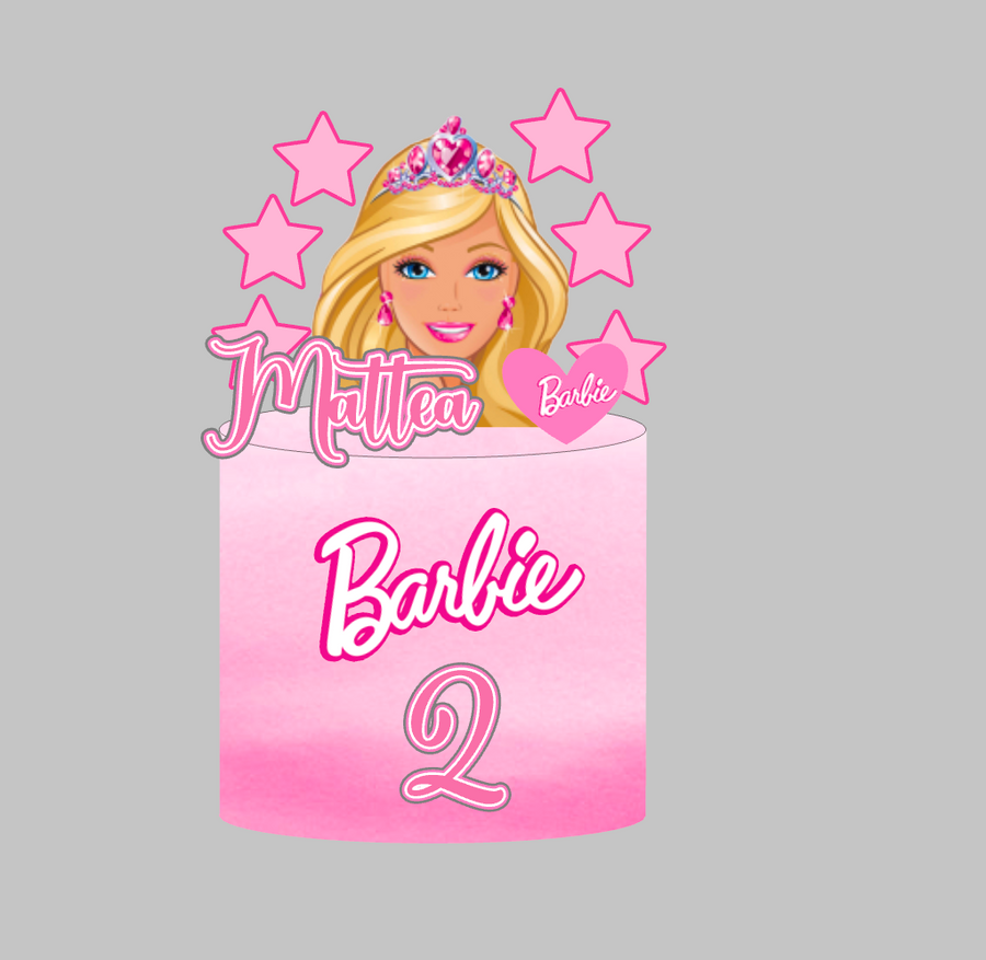 Barbie set 3: papirnati toper za tortu s imenom i brojem 2, Barbie s krunicom, zvjezdice i Barbie natpis