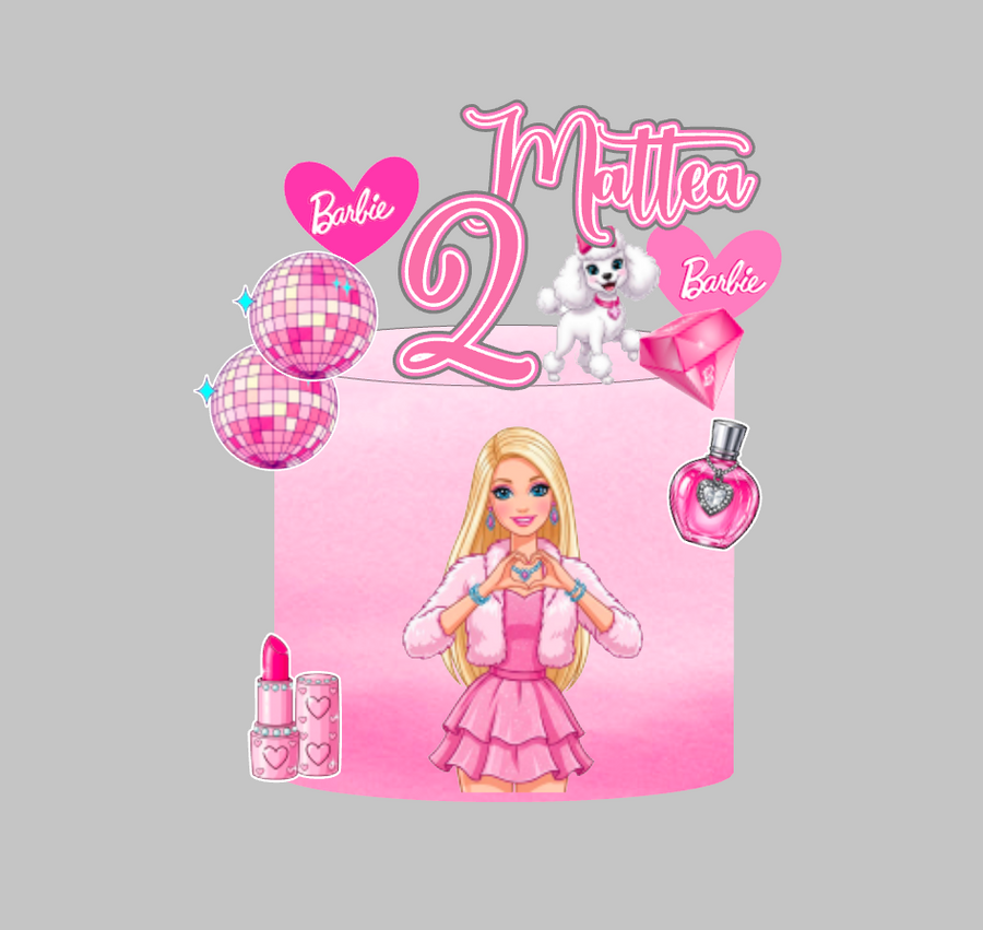 Barbie set 2: papirnati toper za tortu s imenom i brojem 2, Barbie u ružičastoj jakni, srca i disco kugle