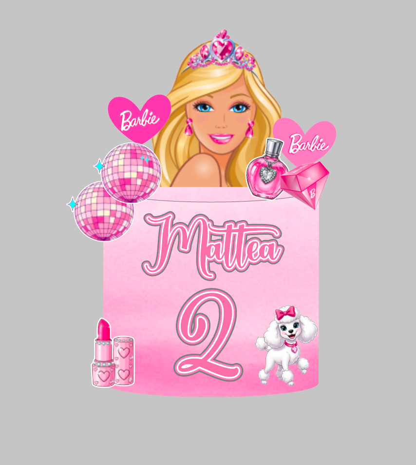 Barbie set 1: papirnati toper za tortu s imenom i brojem 2, disco kugle, srca s Barbie logom, parfem, ruž i pudlica