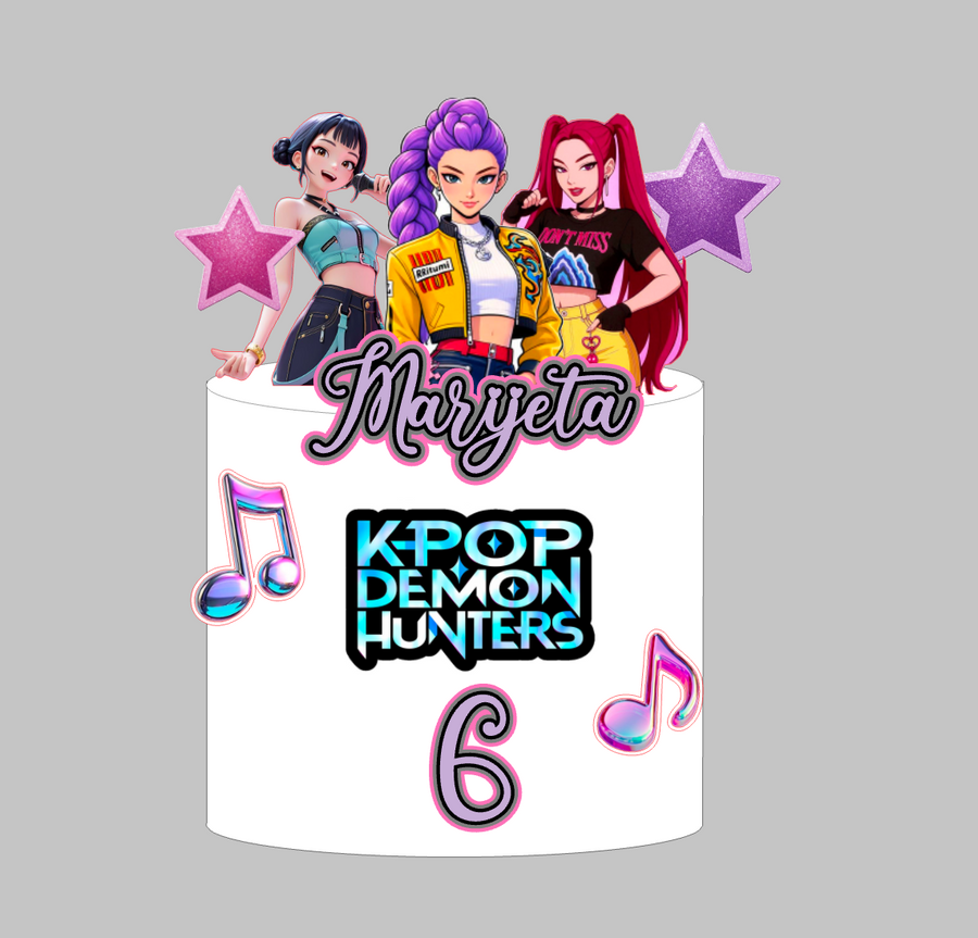 K-Pop Demon Hunters set 3: papirnati toper za tortu s imenom i brojem 6, ružičaste zvjezdice i note