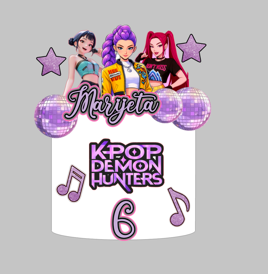 K-Pop Demon Hunters set 2: papirnati toper za tortu s imenom i brojem 6, ljubičasti disco kugle, zvjezdice i note