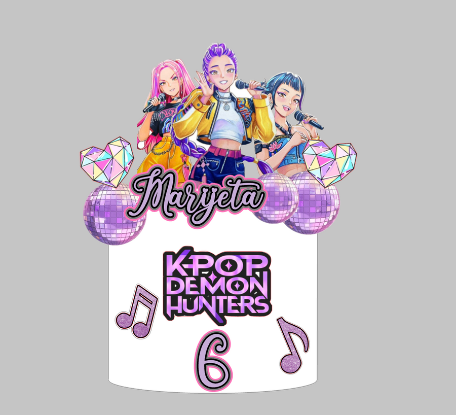 K-Pop Demon Hunters set 1: papirnati toper za tortu s imenom i brojem 6, disco kugle, srca i glazbene note