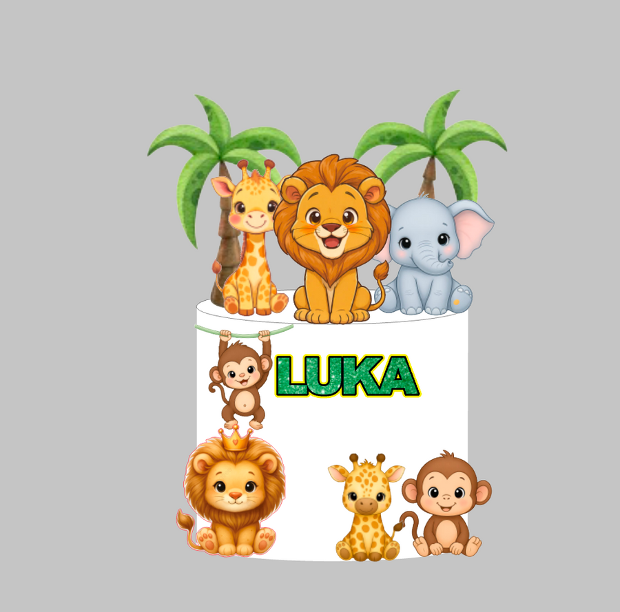 Safari set 3: papirnati toper za tortu s imenom, lav, žirafa, slon, palme i majmuni
