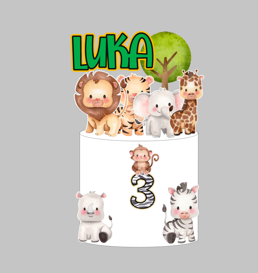 Safari set 4: papirnati toper za tortu s imenom i brojem 3, lav, tigar, slon, žirafa, nosorog i zebra