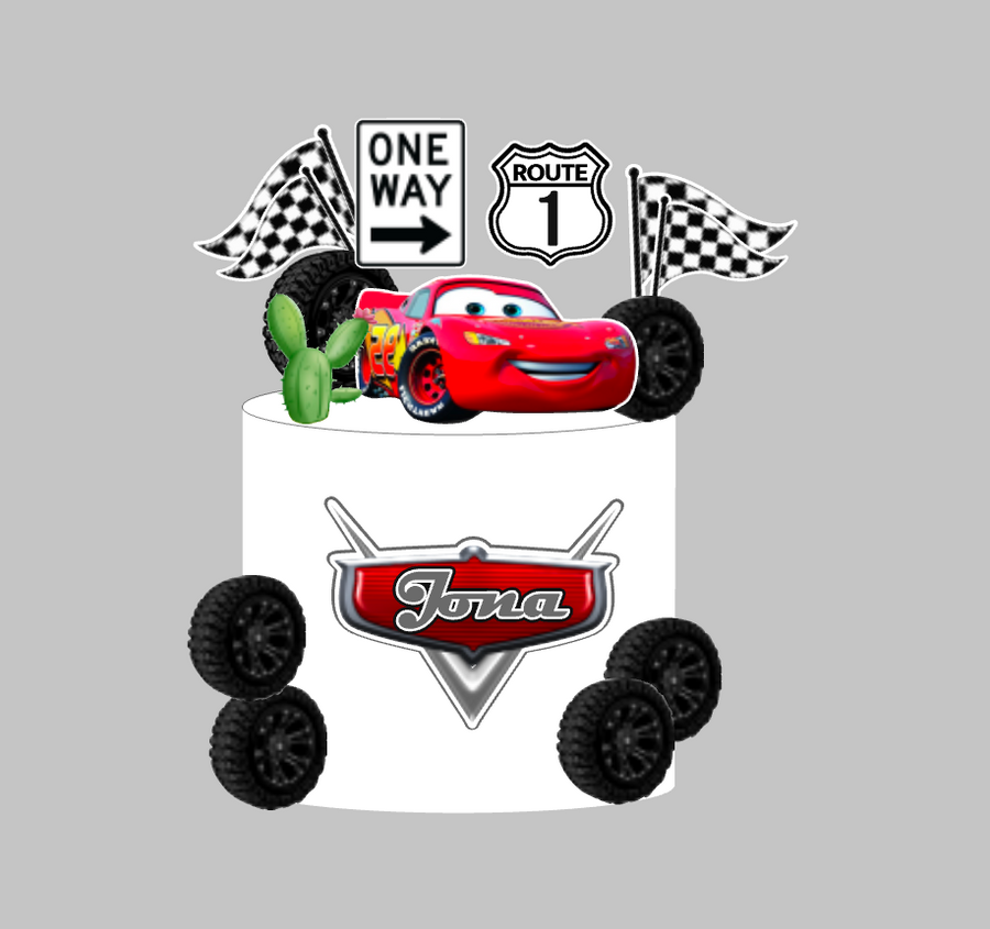Cars set 4: papirnati toper za tortu s Cars logom i imenom, Munjeviti Jurić, gume, kaktus i karirane zastave
