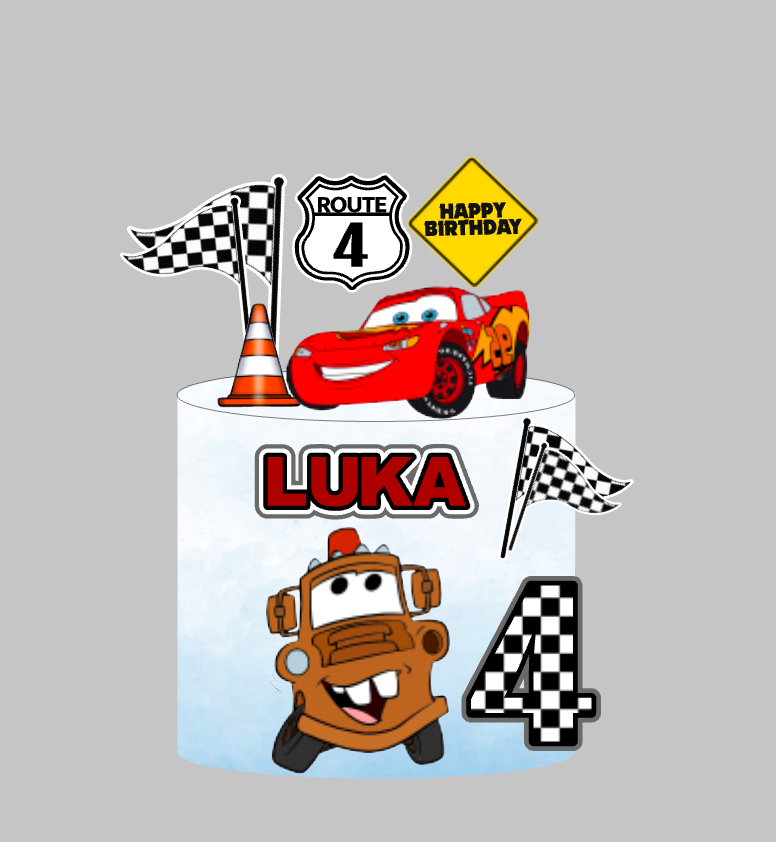 Cars set 3: papirnati toper za tortu s imenom i brojem 4, Munjeviti Jurić, Mater, karirane zastave i znak Happy Birthday