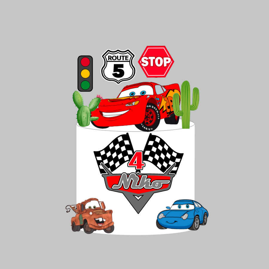 Cars set 1: papirnati toper za tortu s Munjevitim Jurićem, imenom i brojem 4, Mater, Sally, kaktusi i znakovi ROUTE i STOP