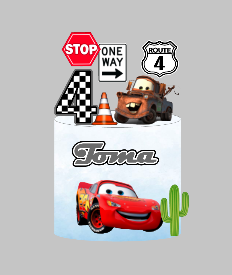 Cars set 2: papirnati toper za tortu s imenom i brojem 4 u kariranom uzorku, Munjeviti Jurić, Mater i znak ONE WAY