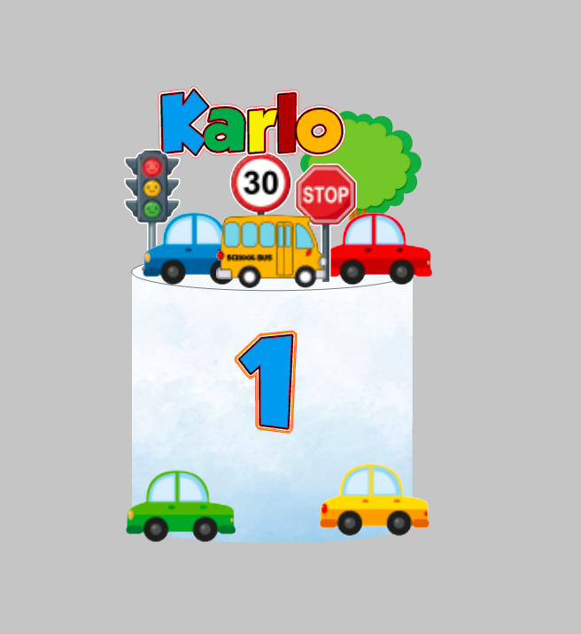 Autići set 2: papirnati toper za tortu s imenom i brojem 1, šareni autići, školski autobus, semafor i znak STOP