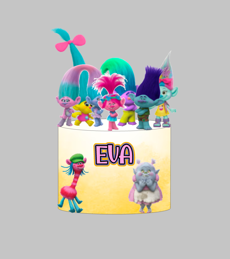 Trolls set 2: papirnati toper za tortu s imenom, Poppy, Branch, Biggie, Cooper i drugi Trolls likovi