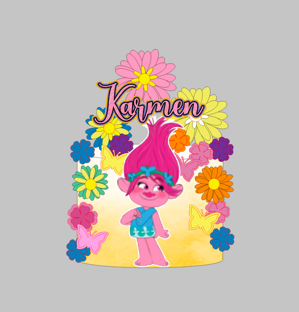 Trolls set 1: papirnati toper za tortu s imenom, Poppy, cvijeće i leptiri u žutoj i ružičastoj boji