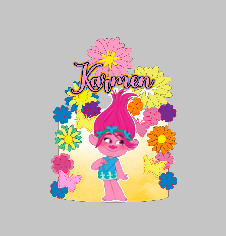 Trolls set 1: papirnati toper za tortu s imenom, Poppy, cvijeće i leptiri u žutoj i ružičastoj boji