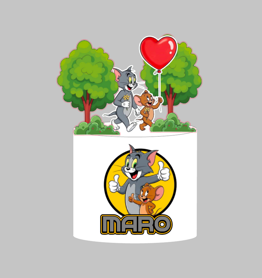 Tom i Jerry set 2: papirnati toper za tortu s imenom, Tom i Jerry s balonom u obliku srca i drveće
