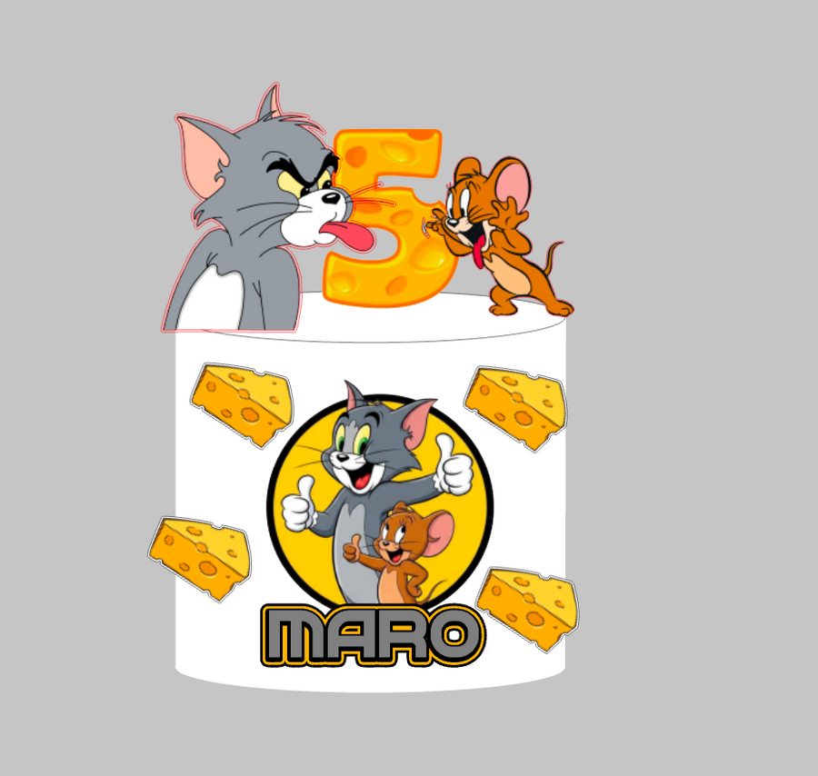Tom i Jerry set 3: papirnati toper za tortu s imenom i brojem 5 u obliku sira, Tom, Jerry i komadi sira
