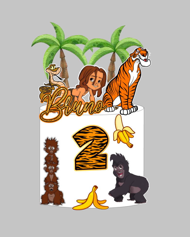 Tarzan set topera za tortu: papirnati toper s imenom i brojem 2, Tarzan, tigar, zmija, gorile, banane i palme